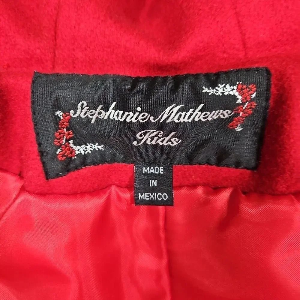 Stephanie Matthews Girls 100% Wool Red Jacket Coat Black Velvet Size 5 Long Hood
